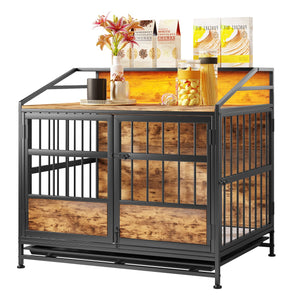 English Elm Multi-function Wooden Dog Crate with Rgb Led Storage Console for Large Breeds W840P291740