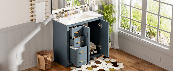 English Elm 36'' Bathroom Vanity with Ceramic Sink Combo, Solid Wood Frame, Soft-Close Drawers and Stylish Retro Groove Design Blue N710P291684C