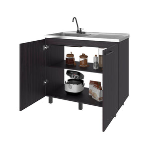 English Elm Wenge Finish Utility Sink Cabinet with Dual Doors Open Shelving for Laundry Rooms B062S01854
