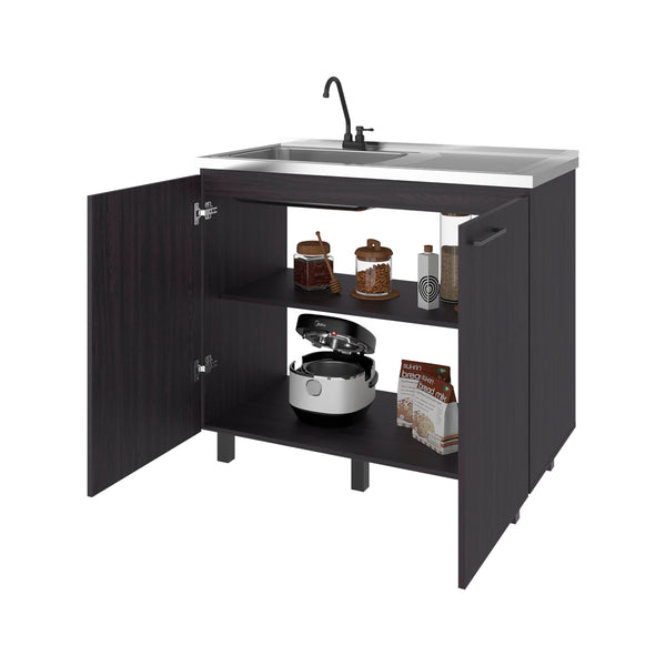 English Elm Wenge Finish Utility Sink Cabinet with Dual Doors Open Shelving for Laundry Rooms B062S01854