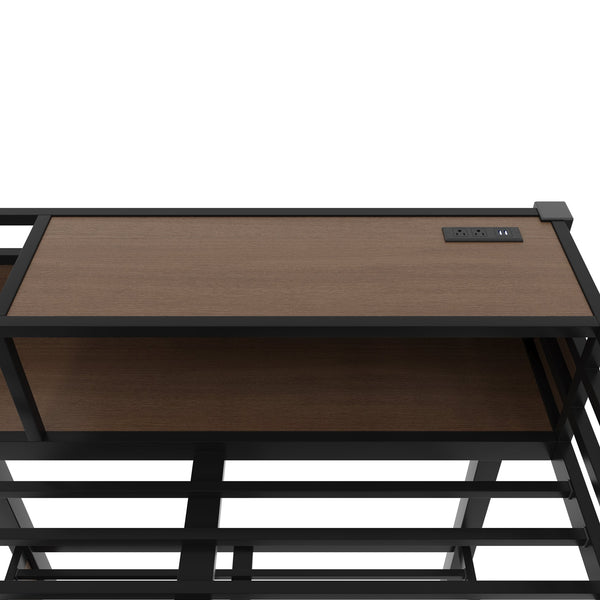 English Elm Full Size Metal Loft Bed with Stair Storage Shelves Bookshelf for Dorms Bedroom W1580S00347