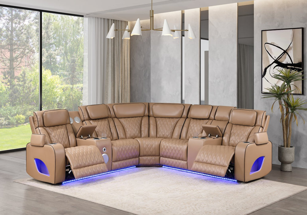 English Elm Fortuner Faux Leather Power Reclining Sectional with Led Lighting and Bluetooth Speakers B009S02224