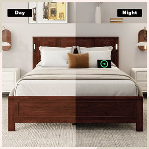 English Elm Queen Pinewood Platform Bed Farmhouse Tall Panel Headboard with Led Lighting and Usb Ports Walnut W504P391092