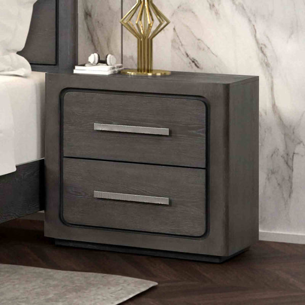 English Elm Contemporary Two Drawer Nightstand with Built-in Charging Port and Oak Veneer Finish Warm Grey B2741P431068