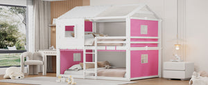 English Elm Full Size Kids Playhouse Bunk Bed Pinewood Frame with Tent Roof and Window Cutouts Pink LT000380AAH-1
