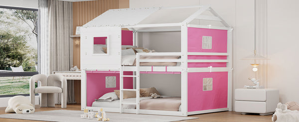 English Elm Full Size Kids Playhouse Bunk Bed Pinewood Frame with Tent Roof and Window Cutouts Pink LT000380AAH-1