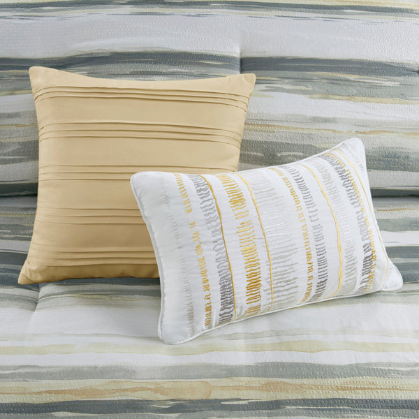 English Elm 8 Piece Printed Seersucker Comforter & Quilt Set In Yellow/Gray For Full/Queen – Cozy & Stylish! B03597254