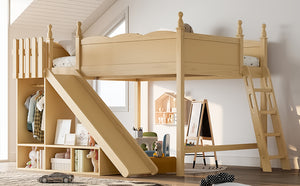 English Elm Queen Solid Pine Loft Bed with Wardrobe Shelves Detachable Slide and Dual Sleeping Zones Natural W5305S00027
