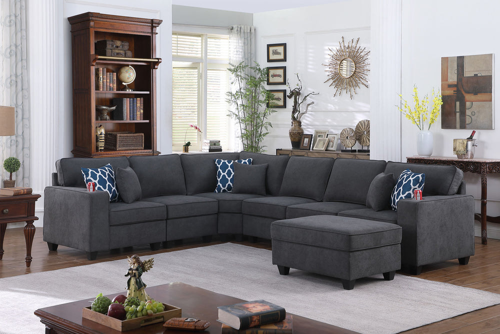 English Elm Cristiano Seven Piece Woven Fabric Sectional with Ottoman Cupholders and Modular Layout B2749S00110