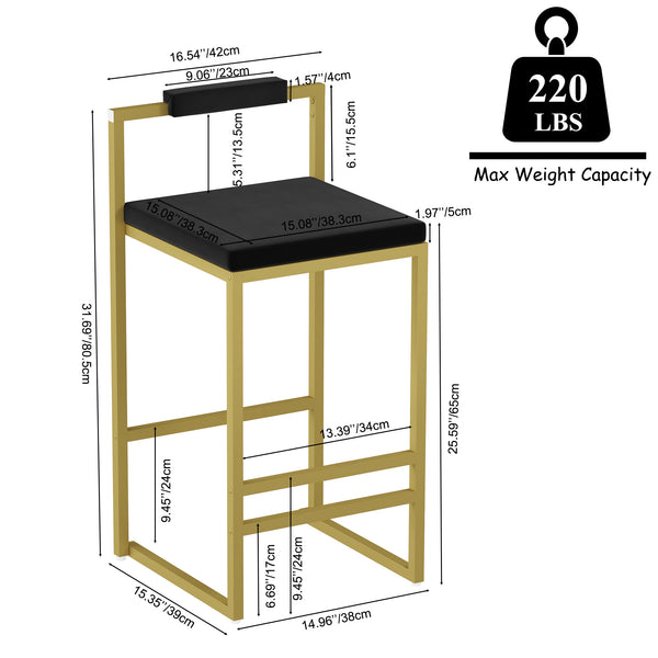 English Elm Modern Velvet Counter Height Bar Stools Set Of 2 - Stylish Gold & Black Upholstered Dining Chairs W1757P310419