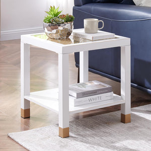 English Elm Glass Two Tier Square Side Table with Gold Mesh Tempered Top and Black Metal Frame White+Gold W3587P456323