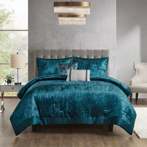 JLA Home Madison Park - 5 Piece Crinkle Velvet Comforter Set Luxury Hotel-Inspired Texture, Hypoallergenic Plush Fill, Chic Embroidery Teal MP10-8349