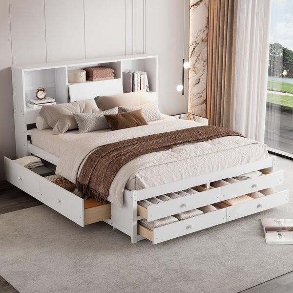 English Elm Queen Platform Bed with Built-In Headboard Storage and 8 Drawers, Solid Wood MDF, Sturdy Design White GX000453AAK