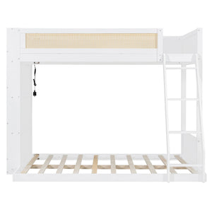 English Elm Twin Over Full Bunk Bed with Cane Guardrail Led Lighting and Built-in Bookshelf White LT000351AAK