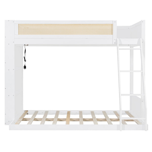 English Elm Twin Over Full Bunk Bed with Cane Guardrail Led Lighting and Built-in Bookshelf White LT000351AAK