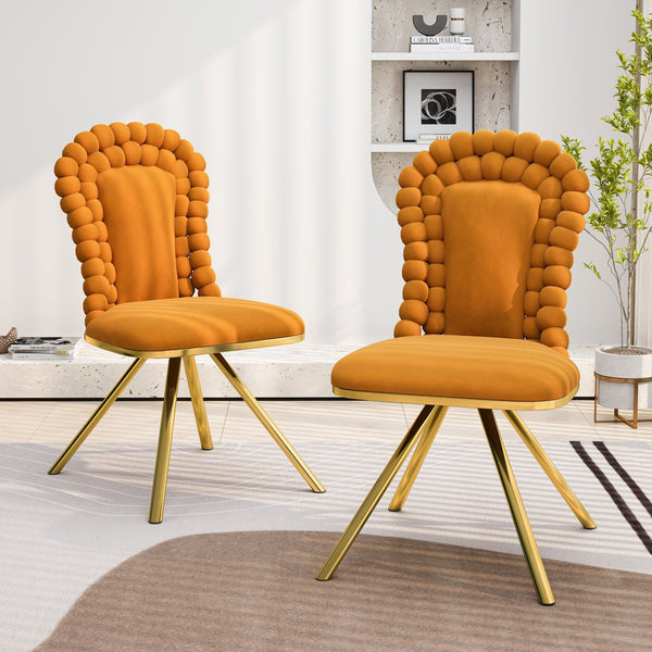 English Elm Dining Velvet Swivel Chairs Set of 2 with Hairball Backrest, Gold Metal Legs, Plush Foam Seat, Adjustable Feet Orange W757P281149