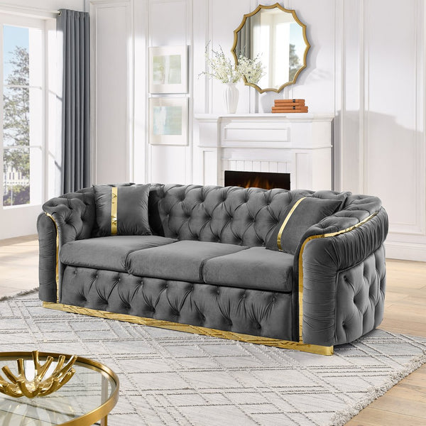 English Elm 2pcs Italian Velvet Chesterfield Sofa Set Tufted Three Seater with Gold Steel Legs Gray W1191S00070
