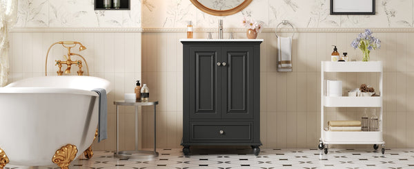 English Elm 24'' French Style Bathroom Vanity with Ceramic Sink Soft Close Cabinet and Drawer Black N710P411227B
