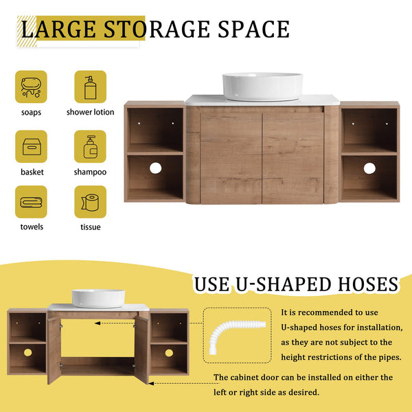 English Elm 54'' Elegant Wall-Mounted Bathroom Vanity With Ceramic Vessel Sink, Soft-Close Doors & Storage Shelves W999S00414