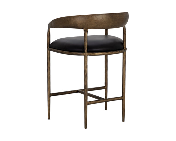 Sunpan Zanatta Stylish Barstool with Antique Brass Frame and Unique Hammered Metal Detailing for Any Space Charcoal Black Leather
