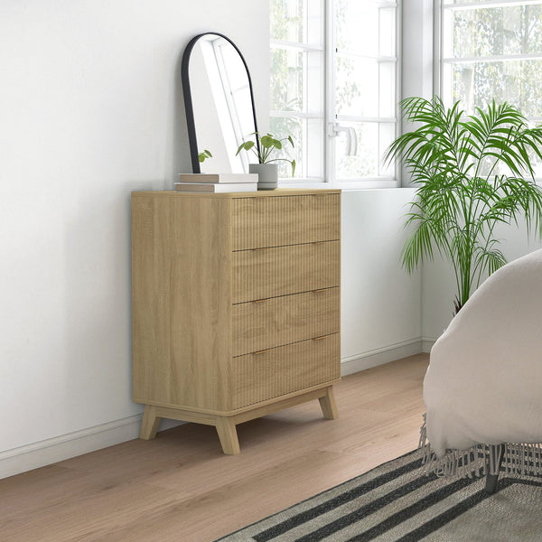 English Elm Homcom Fluted 4 Drawer Chest with Gold Pulls Rubberwood Legs Bedroom Storage W2225P485630