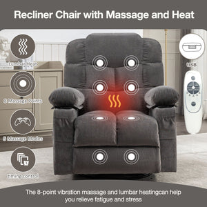 English Elm Massage Rocker Recliner Oversized Chair with Heat Vibration Usb Port and Storage Pockets Grey W1807S00010