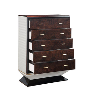 English Elm Jamonica 5-drawer Chest with Glossy Wood Veneer Top and Gold Knob Hardware B2756P506262