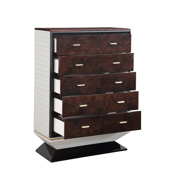 English Elm Jamonica 5-drawer Chest with Glossy Wood Veneer Top and Gold Knob Hardware B2756P506262