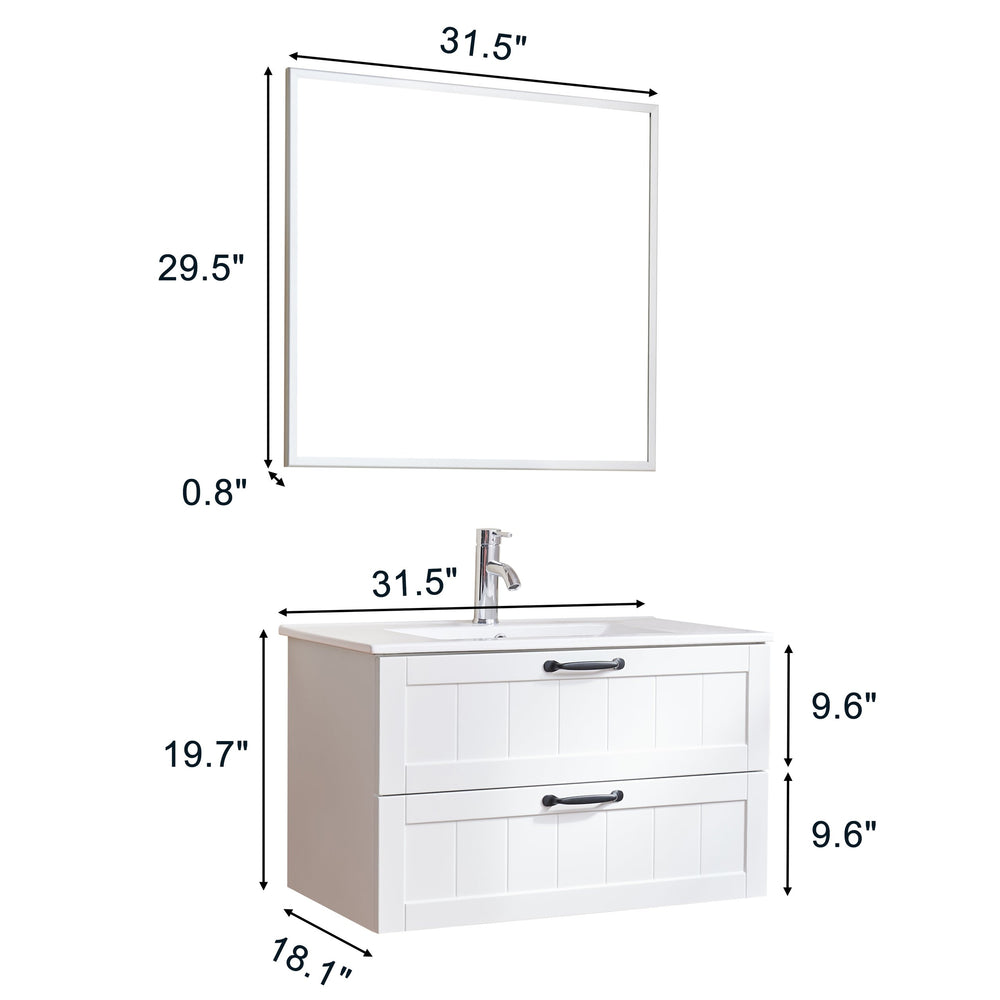 English Elm 31.5inch Floating Bathroom Cabinet with Dual Soft-Close Drawers, Large Storage, Modern Decor Line White W3151S00002