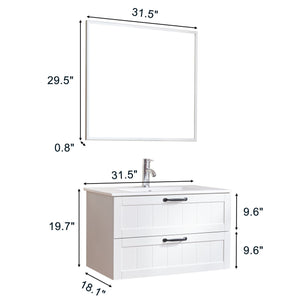 English Elm 31.5inch Floating Bathroom Cabinet with Dual Soft-Close Drawers, Large Storage, Modern Decor Line White W3151S00002