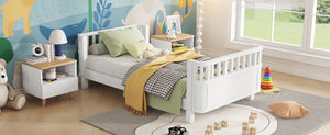 English Elm Twin Solid Pine Platform Bed with Guardrail for Kids — Low Profile White Twin Bed, Durable 250lb Capacity W2593P296772