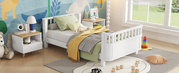 English Elm Twin Solid Pine Platform Bed with Guardrail for Kids — Low Profile White Twin Bed, Durable 250lb Capacity W2593P296772