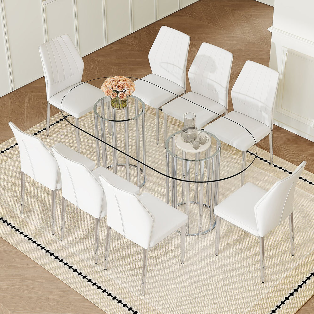 English Elm Table and Chair Set Oval Tempered Glass Top 9 Piece Modern Dining with Pu Seats Silver,Transparent,White W1151S04745
