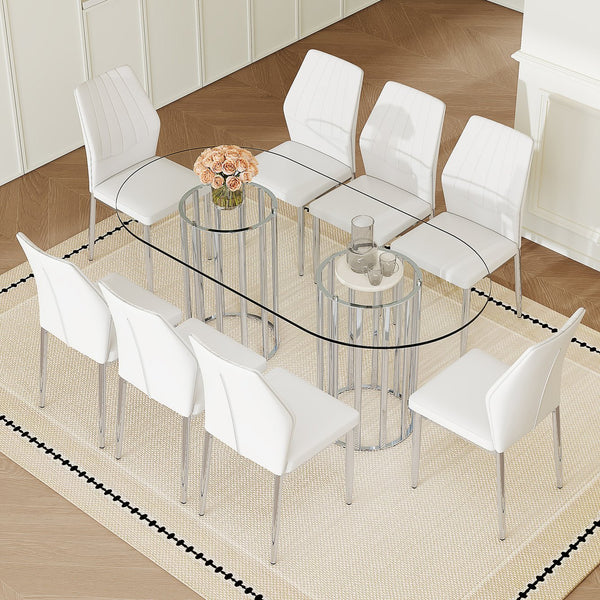 English Elm Table and Chair Set Oval Tempered Glass Top 9 Piece Modern Dining with Pu Seats Silver,Transparent,White W1151S04745