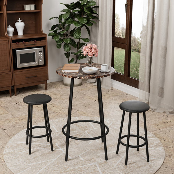 English Elm 3-Piece Bar Table Set with 2 Stools — Space-Saving 36" Round Breakfast Bar, Marble Look Top, Sturdy Frame Brown+Black W578P357541