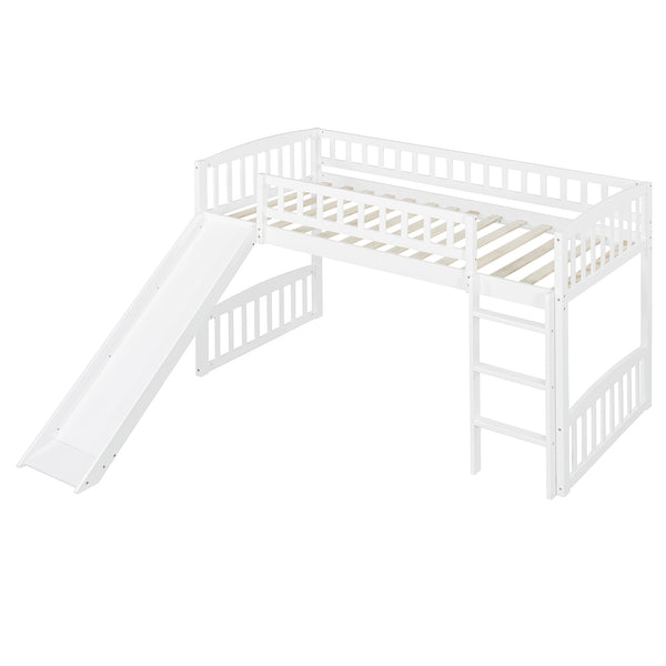 English Elm Twin Loft Bed with Built in Slide Ladder Pine Wood Frame Kids Bedroom White N708P242135K