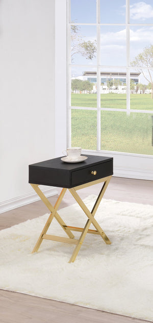 English Elm Coleen Black & Brass Finish Accent Table with Drawer, Compact Rectangular Top, Elegant X Trestle Base B2726P277914