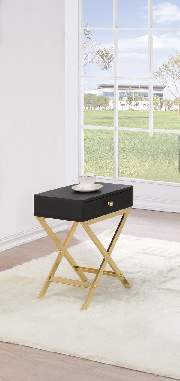 English Elm Coleen Black & Brass Finish Accent Table with Drawer, Compact Rectangular Top, Elegant X Trestle Base B2726P277914