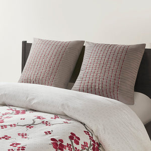 JLA Home N Natori - Euro 26x26 Cherry Blossom Euro Sham in Dark Grey Cotton Sateen with Tailored Pleats & Red Embroidering Elegance NS11-1824A