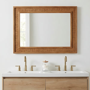 English Elm Natural Rattan Wrapped Solid Wood Frame Rectangle Mirror for Farmhouse Entryway Bath Yellowish-Brown W2203P436625
