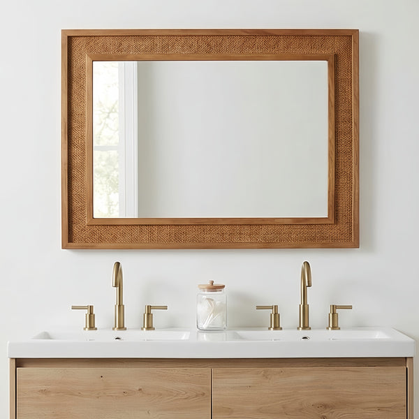 English Elm Natural Rattan Wrapped Solid Wood Frame Rectangle Mirror for Farmhouse Entryway Bath Yellowish-Brown W2203P436625