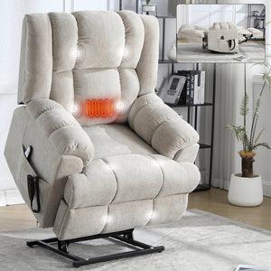 English Elm Dual Motor Power Lift Recliner Chenille Chair with Massage Heat and Infinite Positions Beige W3224P288434