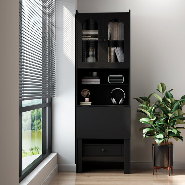 English Elm Fold-Out Convertible Writing Table Desk Cabinet with Shelf & Drawer, Space-Saving Fold-Up Workstation for Home Office W331P359717