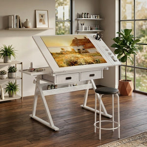 English Elm Adjustable Drafting Desk with Tilting Mdf Top Two Drawers and Stool for Home Studio W347P442069