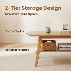 English Elm Mid Century Modern Solid Oak Two Tier Coffee Table with Open Shelf for Living Room Wood W3204P469106