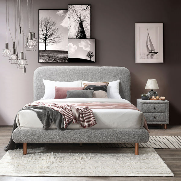 English Elm Grey Boucle Curved 2-Drawer Upholstered Nightstand with Wooden Legs — Midcentury Chic Storage Accent B062P209004