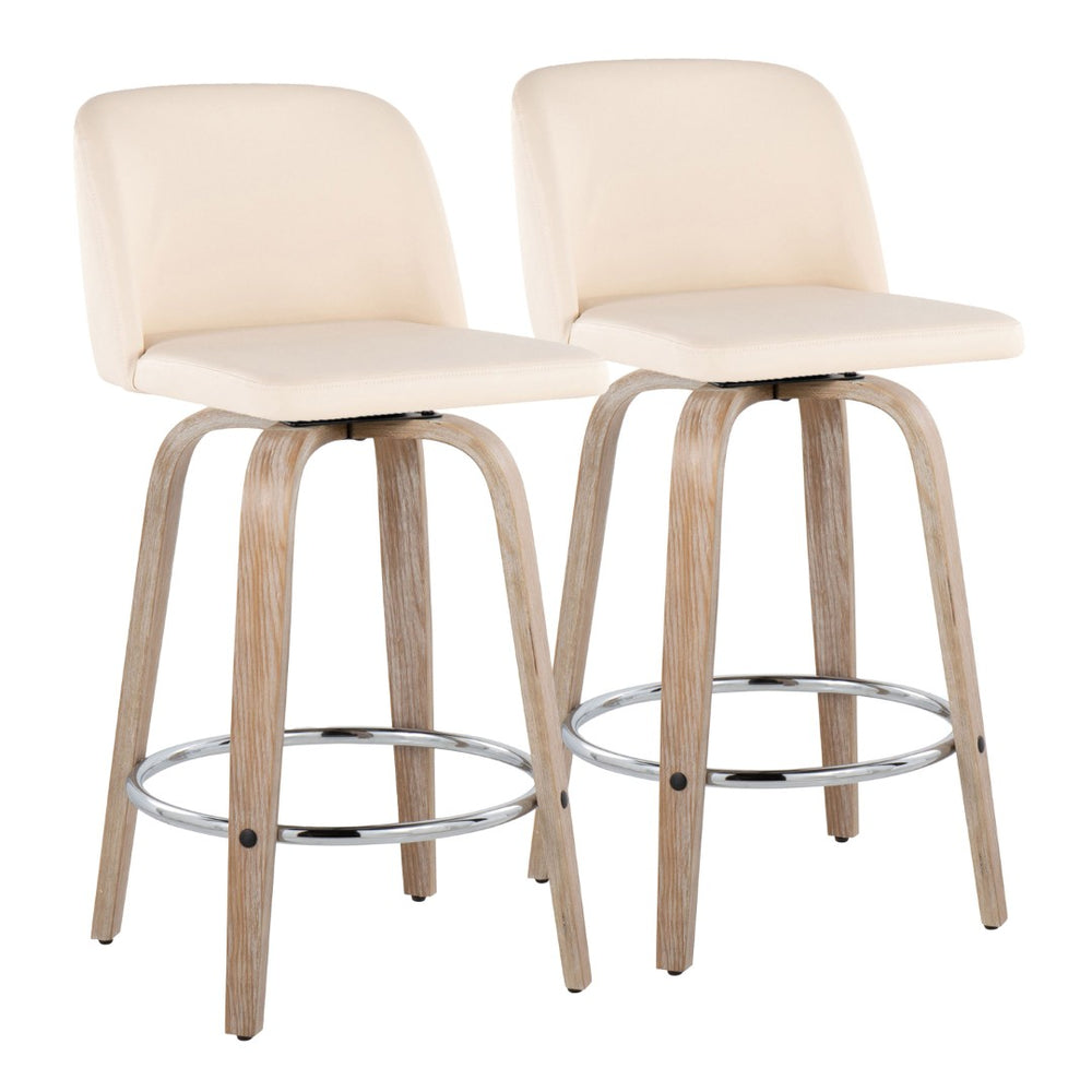 English Elm Toriano 26" Fixed-Height Swivel Counter Stools - Set Of 2 In Whitewashed Wood & Cream Faux Leather B202S00436-GIGA