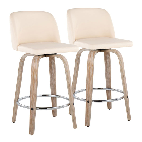 English Elm Toriano 26" Fixed-Height Swivel Counter Stools - Set Of 2 In Whitewashed Wood & Cream Faux Leather B202S00436-GIGA