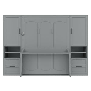 English Elm Queen Murphy Fold Down Wall Bed with Wardrobe Drawers and Shelves for Guest Rooms Gray LP000909AAE-2