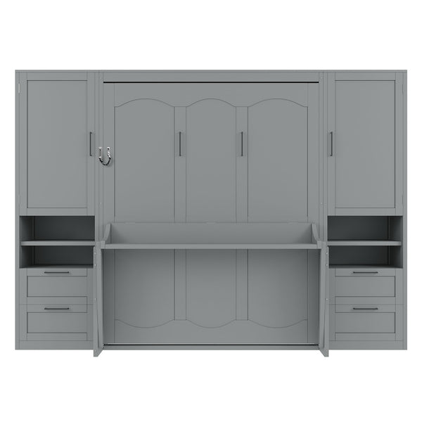 English Elm Queen Murphy Fold Down Wall Bed with Wardrobe Drawers and Shelves for Guest Rooms Gray LP000909AAE-2